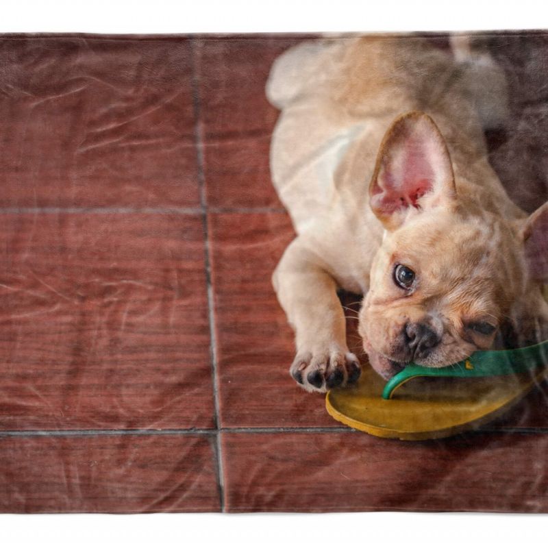 Handtuch Strandhandtuch Saunatuch Kuscheldecke  mit Tiermotiv kleiner Hund kaut