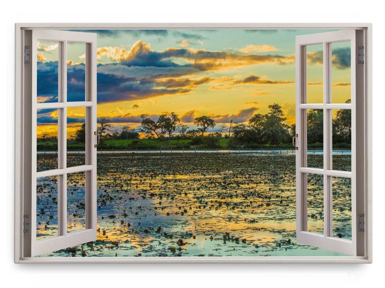 Wandbild 120x80cm Fensterbild Abendrot roter Himmel Sonnenuntergang Landschaft