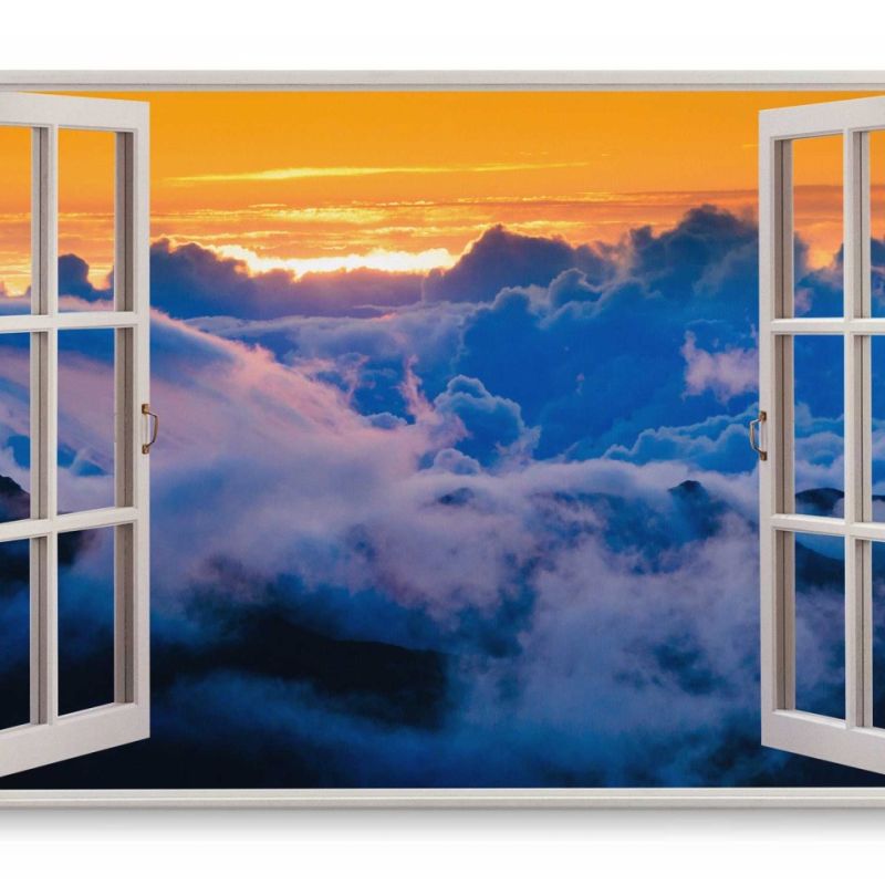 Wandbild 120x80cm Fensterbild Roter Himmel über den Wolken Berge Abendrot