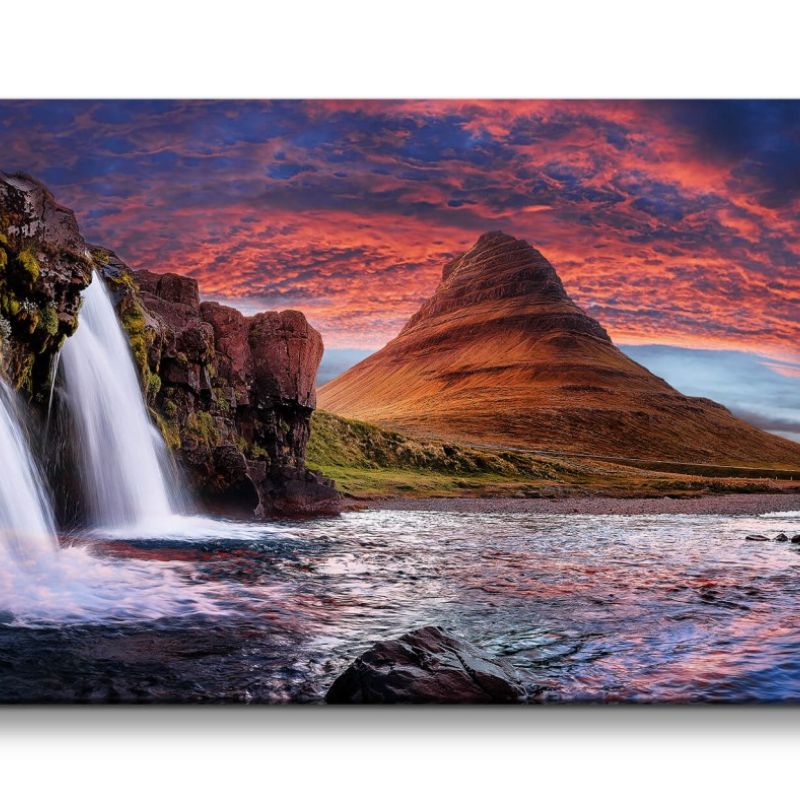 Leinwandbild 120x60cm Skogafoss Island Natur Wasserfall Roter Himmel