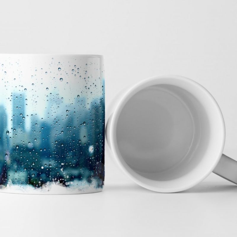 Tasse Geschenk abstraktes Bild – Tropfen auf blauem Grund