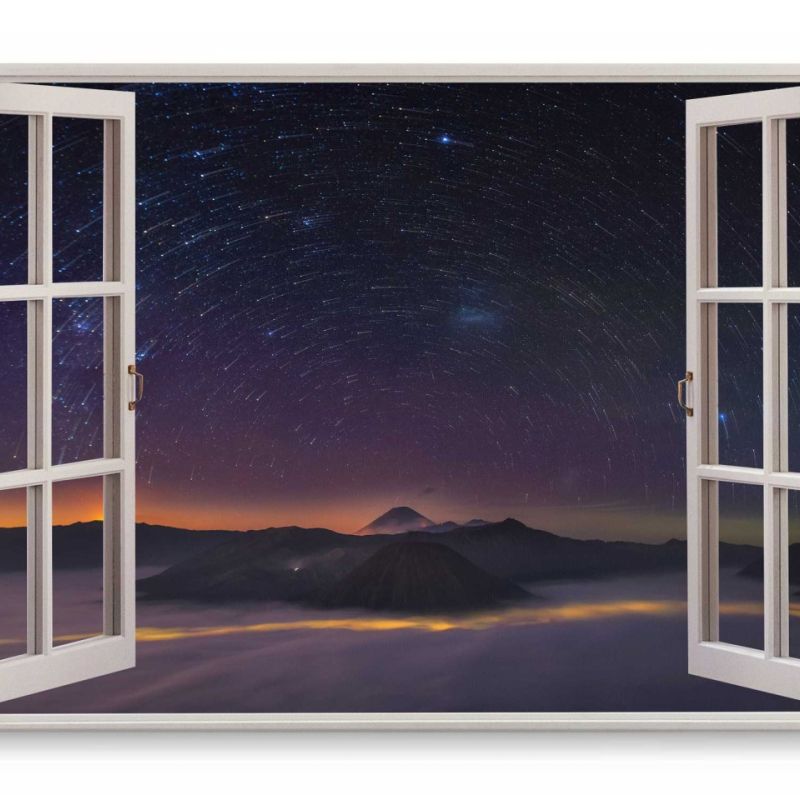 Wandbild 120x80cm Fensterbild Sternenhimmel Astrofotografie Nacht Sterne Berge