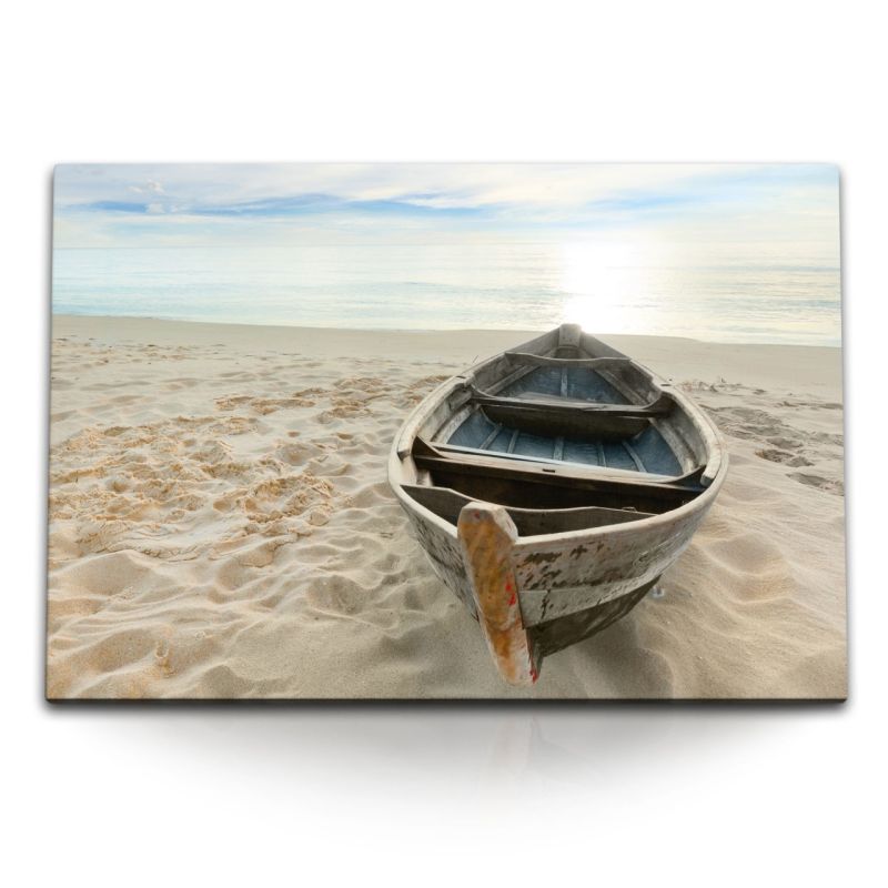 120x80cm Wandbild auf Leinwand Fischerboot Strand Holzboot Meer Sonnenuntergang