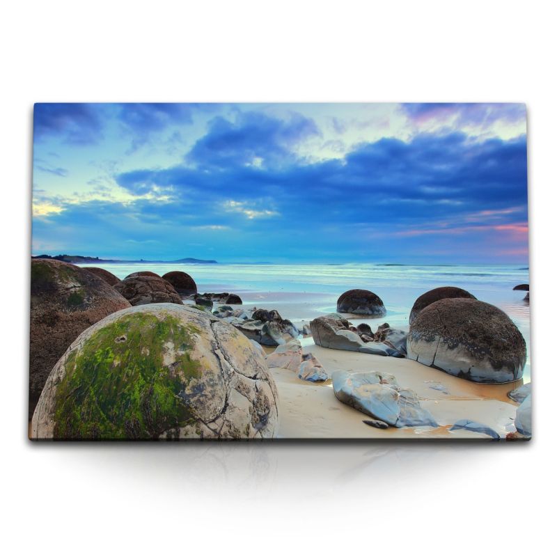 120x80cm Wandbild auf Leinwand Neuseeland Strand runde Felsen Steine Sonnenuntergang