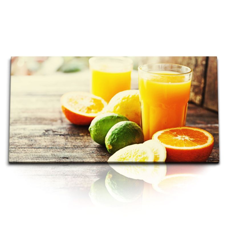 Kunstdruck Bilder 120x60cm Küchenbild Orangensaft Limetten Orangen Sonnenschein