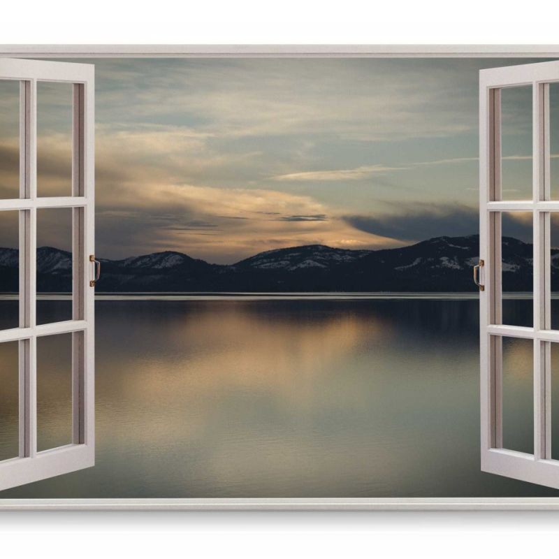 Wandbild 120x80cm Fensterbild Meer Künste Berge Natur Abenddämmerung Grau