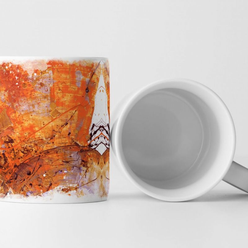 Tasse Geschenk orange Abstraktion, distel, weiße Elemente + schwarze Farbspritzer