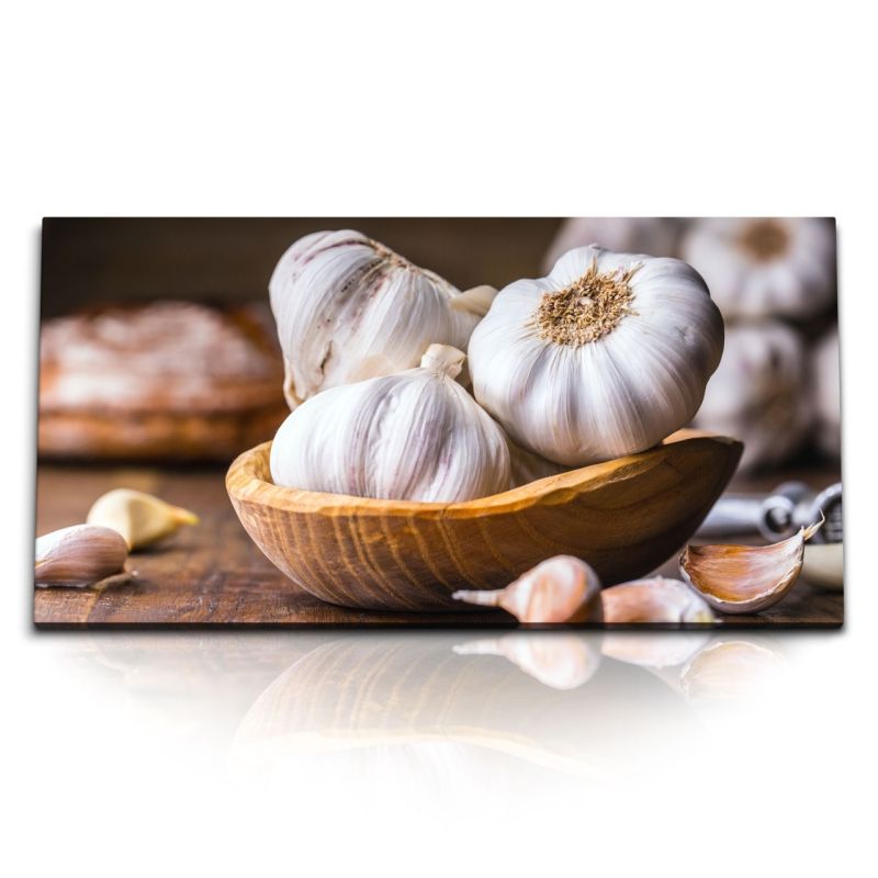 Kunstdruck Bilder 120x60cm Küchenbild Knoblauch Holzschüssel Kochen Küche