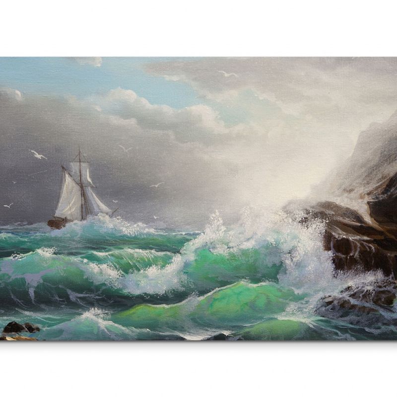 120x80cm Wandbild Ölmalerei Meer Sturm Wellen Felsen Segelboot