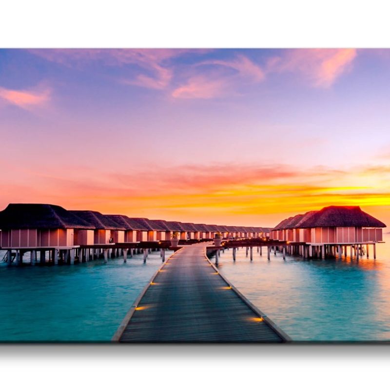 Leinwandbild 120x60cm Malediven Traumurlaub Steg Sonnenuntergang Romantisch