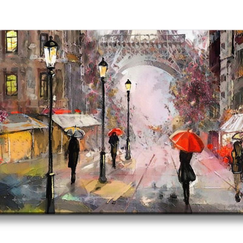 Leinwandbild 120x60cm Paris Eiffelturm roter Regenschirm Romantisch Malerisch Kunstvoll