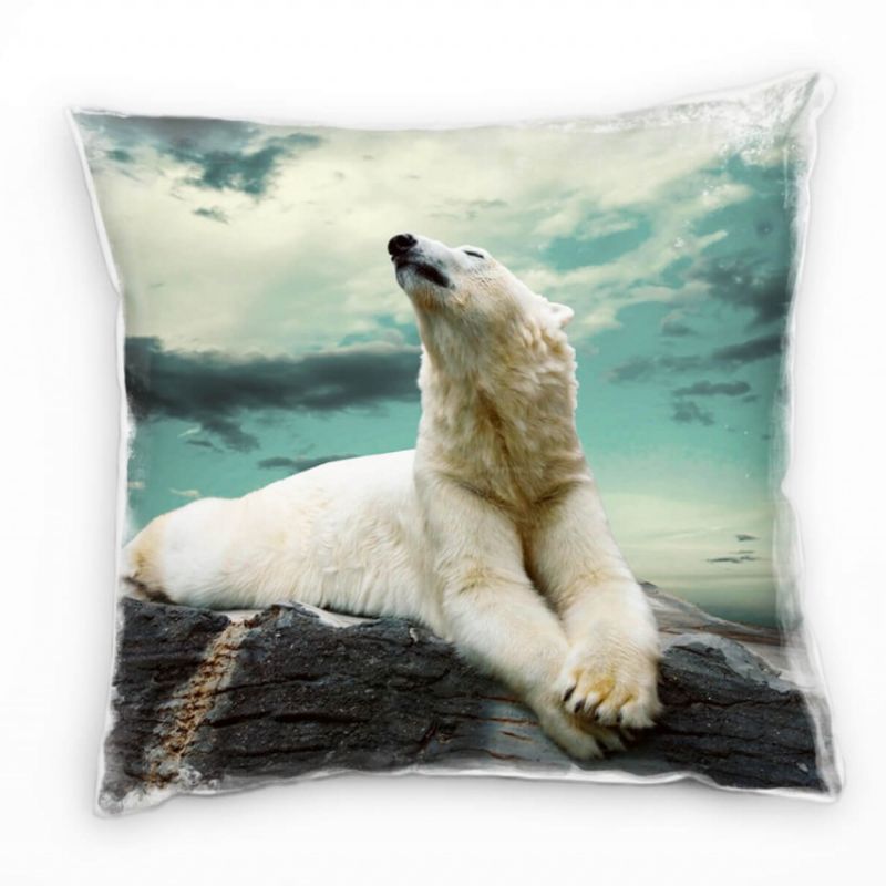 Tiere, weiß, grau, türkis, Eisbär auf der Felsen Deko Kissen 40x40cm für Couch Sofa Lounge Zierkisse