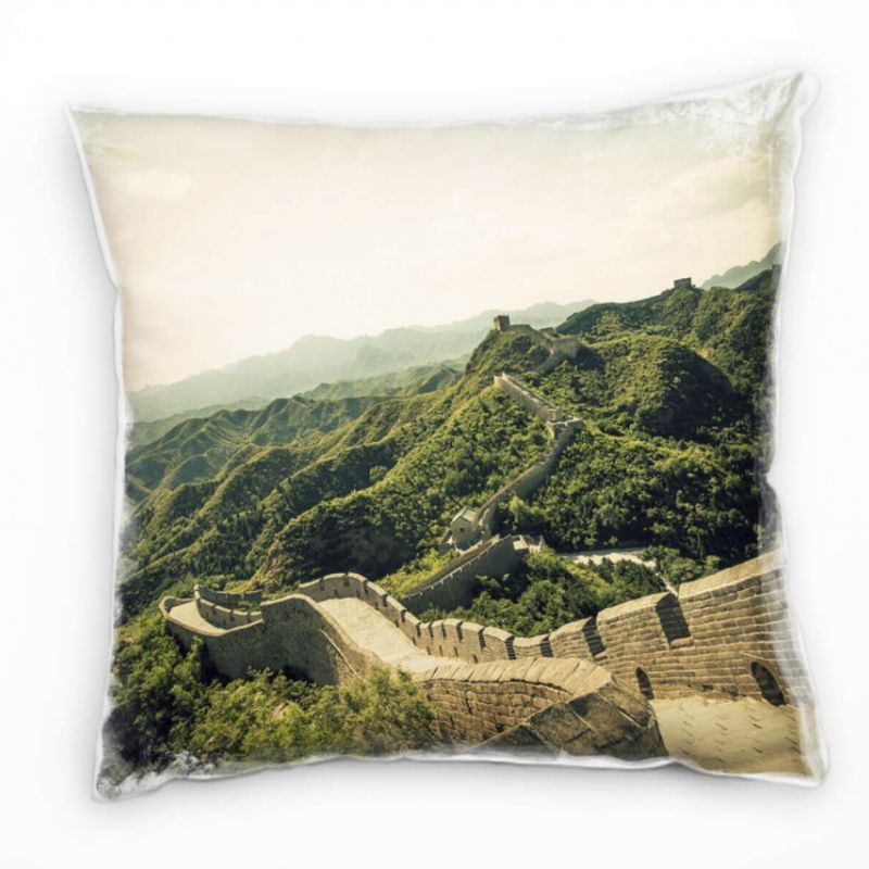 Landschaft, chinesische Mauer, China, grün, braun Deko Kissen 40x40cm für Couch Sofa Lounge Zierkiss