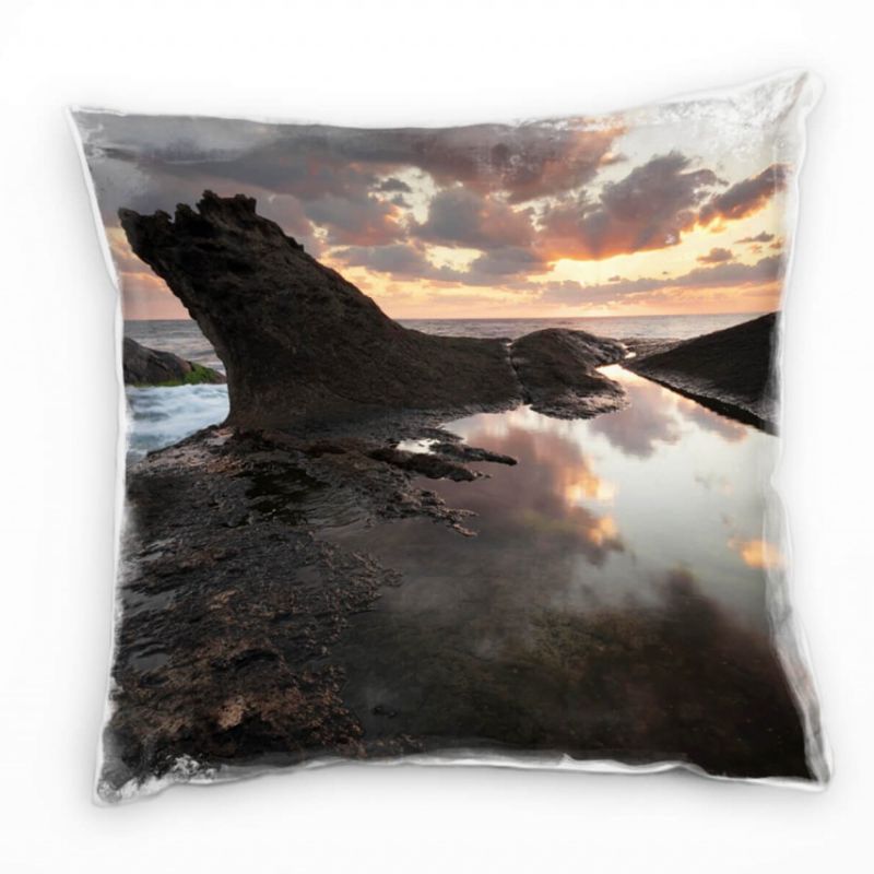 Meer, Wolken, Sonnenuntergang, Felsen, orange Deko Kissen 40x40cm für Couch Sofa Lounge Zierkissen