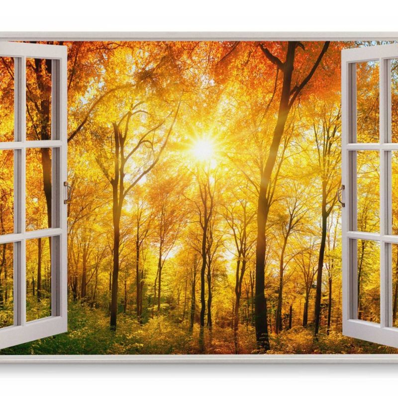 Wandbild 120x80cm Fensterbild Wald Herbstgold Bäume Sonnenstrahlen Natur