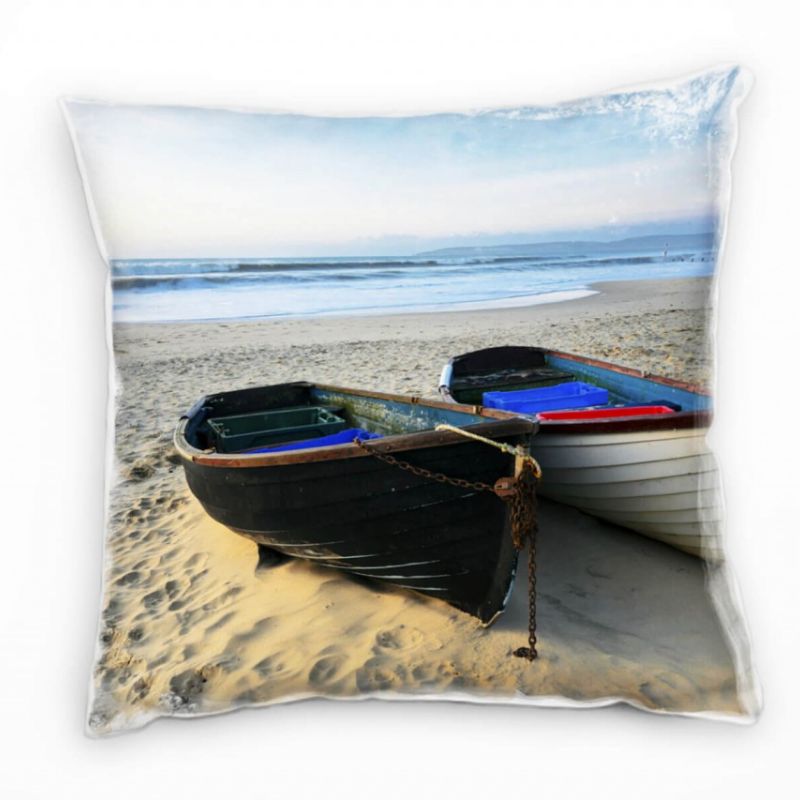 Strand und Meer, blau, beige, Boote am Strand Deko Kissen 40x40cm für Couch Sofa Lounge Zierkissen