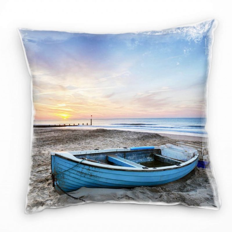 Strand und Meer, braun, blau, verlassenes Boot Deko Kissen 40x40cm für Couch Sofa Lounge Zierkissen