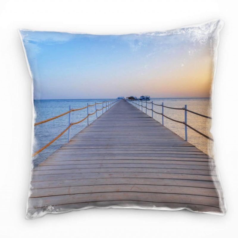 Meer, Steg, Sonnenuntergang, Schiffe, blau, orange Deko Kissen 40x40cm für Couch Sofa Lounge Zierkis