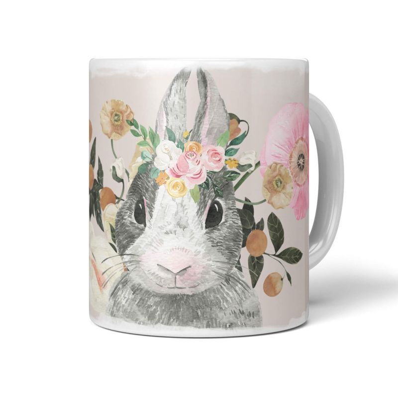 Tasse Porzellan Tier Motiv kleiner Hase mit Blumen Blüten Herzig Lieblich Süß