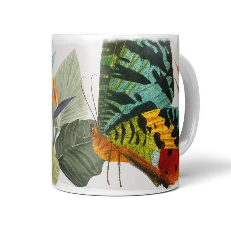 Dekorative Tasse mit schönem Motiv Schmetterling Farbenfroh exotische Pflanzen Blumen