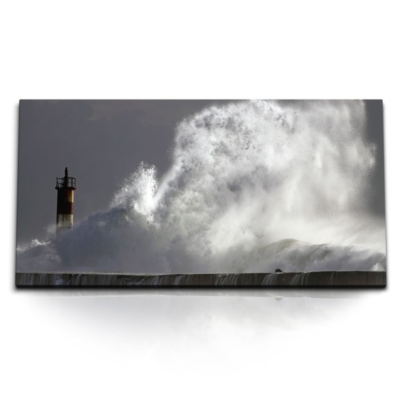 Kunstdruck Bilder 120x60cm Leuchtturm Riesenwelle Welle Sturm Küste Ozean