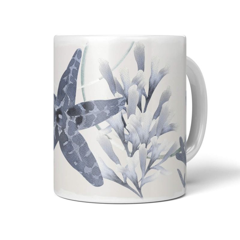 Dekorative Tasse mit schönem Motiv Seestern Koralle Aquarell Blau unter Wasser Wasserfarben