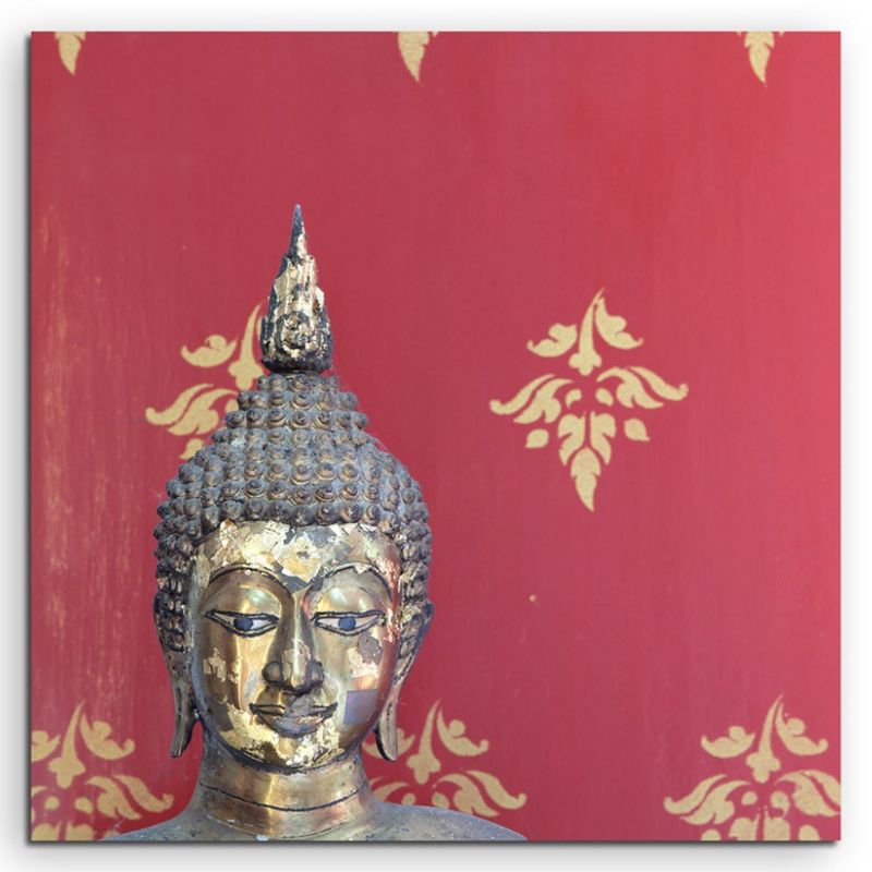 Künstlerische Fotografie – Buddha Kopf mit rotem Hintergrund  auf Leinwand