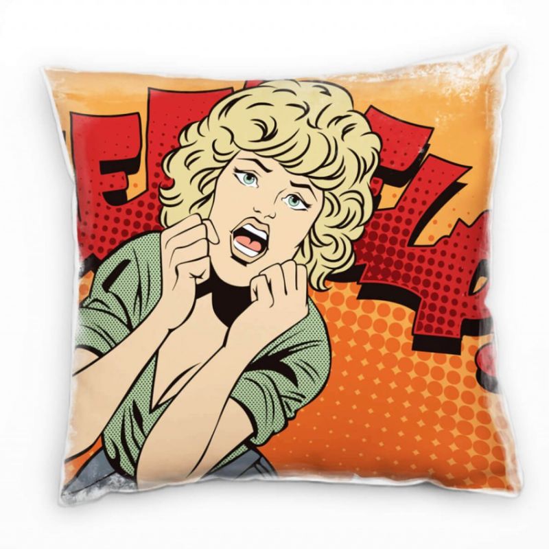 Illustration, Frau, Pop Art, Vintage, orange, rot Deko Kissen 40x40cm für Couch Sofa Lounge Zierkiss