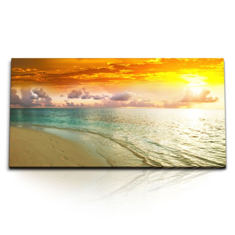 Kunstdruck Bilder 120x60cm Meer Strand Sandstrand Sonnenuntergang roter Himmel