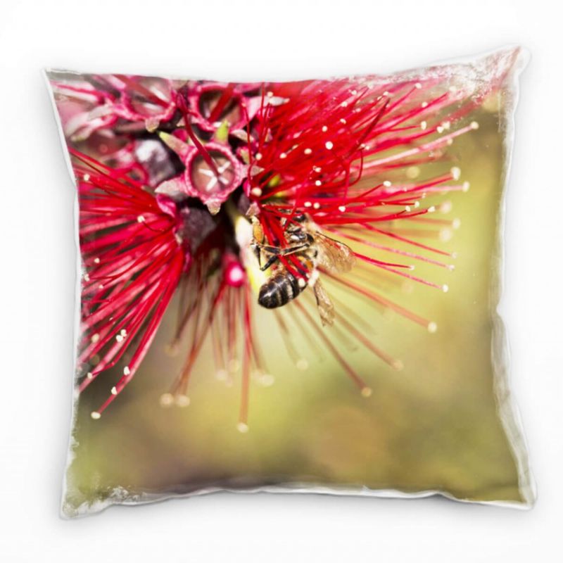 Macro, Tiere, Blumen, Biene, rot, grün Deko Kissen 40x40cm für Couch Sofa Lounge Zierkissen