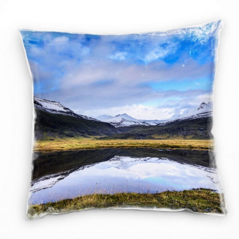 Seen, Island, Berg, Spiegelung, Wolken, blau, braun Deko Kissen 40x40cm für Couch Sofa Lounge Zierki