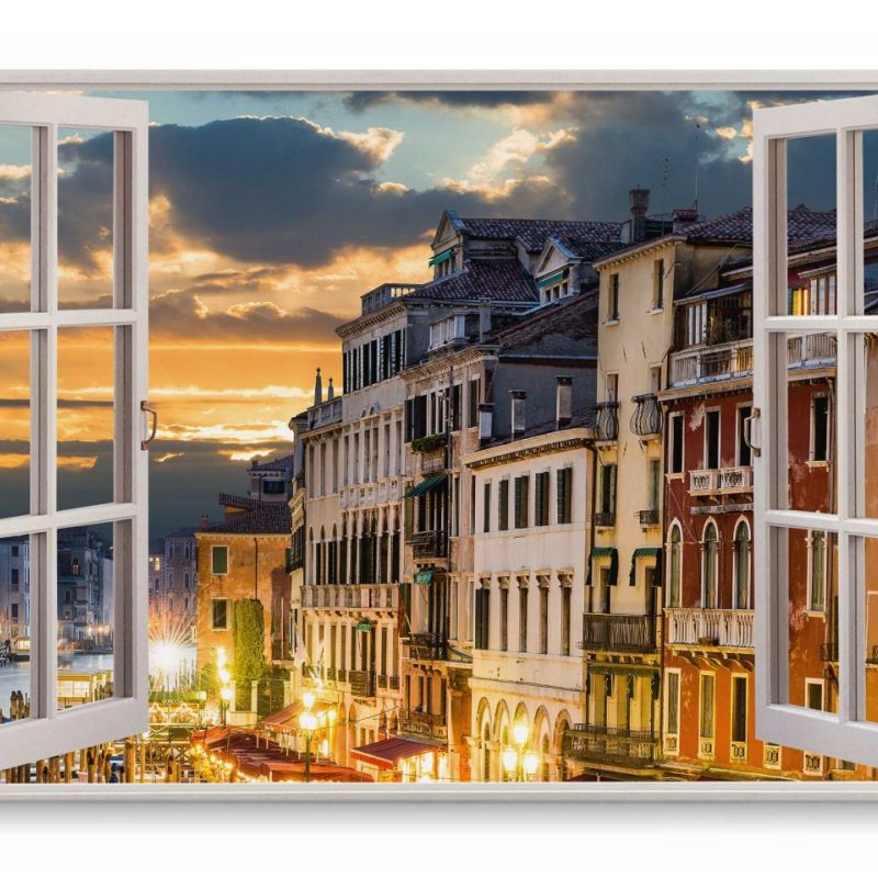 Wandbild 120x80cm Fensterbild Venedig Italien Abenddämmerung Stadtlichter Historisch