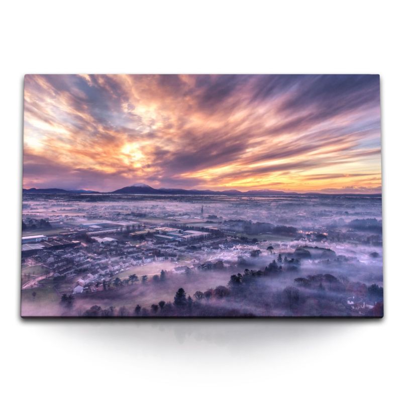 120x80cm Wandbild auf Leinwand Irland Ballina Stadt Horizont roter Himmel Sonnenuntergang