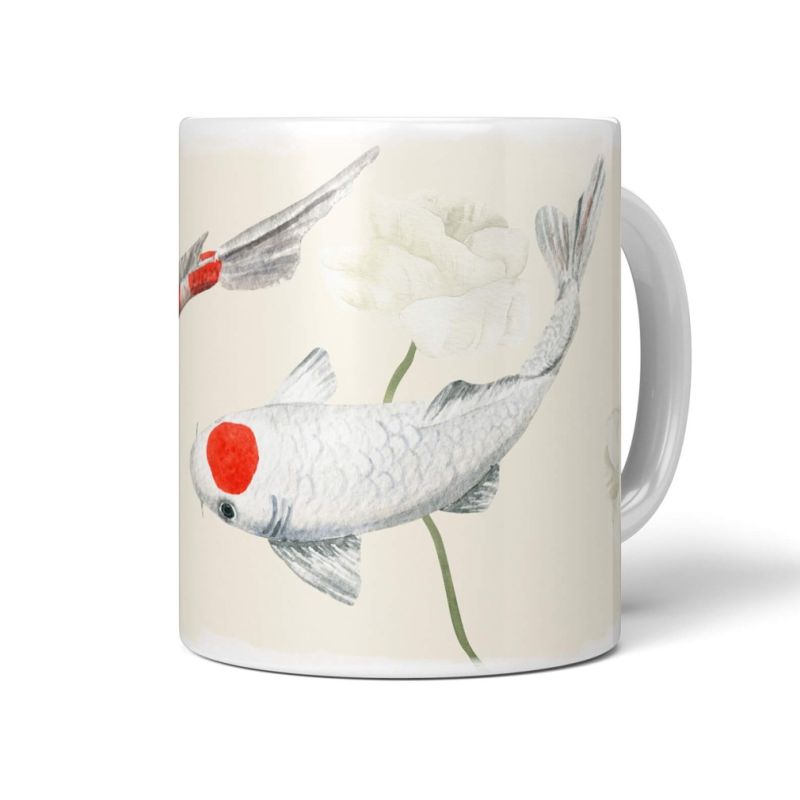 Dekorative Tasse mit schönem Motiv Pastelltöne Koi Karpfen Wunderschön Kunstvoll Blumen