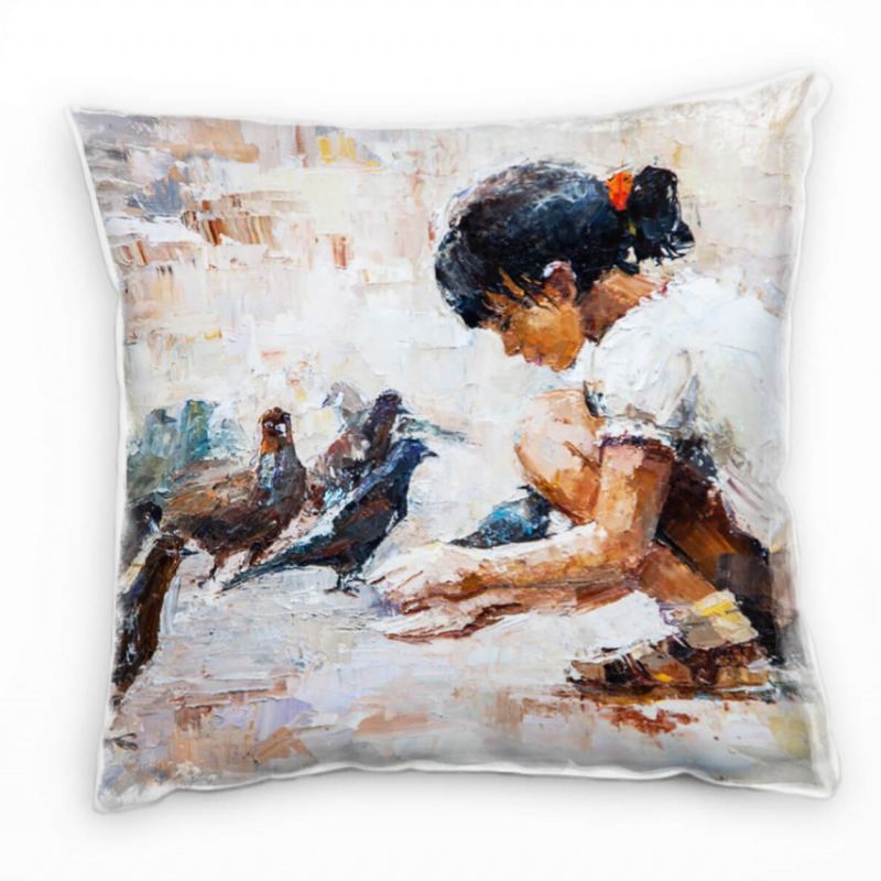 Abstrakt, Mädchen füttert Tauben, gemalt, beige Deko Kissen 40x40cm für Couch Sofa Lounge Zierkissen