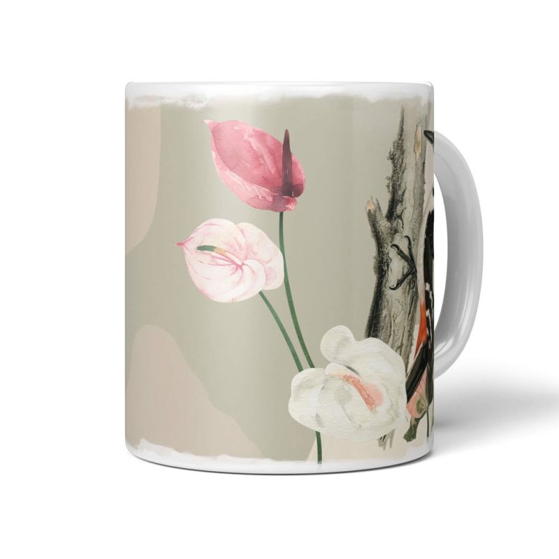 Dekorative Tasse mit schönem Vogel Motiv Specht Blumen Ast einzigartiges Design Kunstvoll