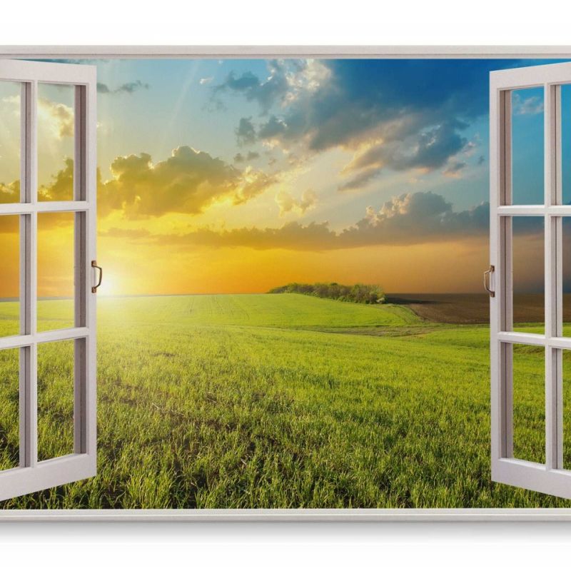 Wandbild 120x80cm Fensterbild Sonnenuntergang Feld Grün Landschaft Natur Abendrot