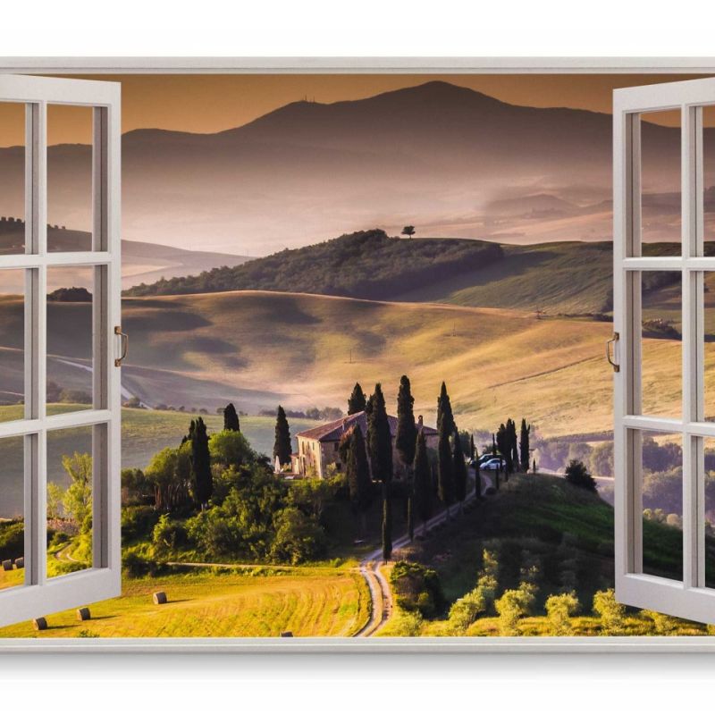 Wandbild 120x80cm Fensterbild Italien Toskana Landhaus Landschaft Grün Sonnenuntergang