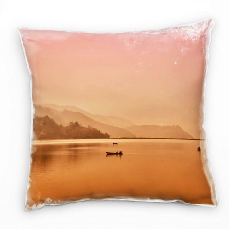 Seen, Berge, Wasser, Boote, orange, pink Deko Kissen 40x40cm für Couch Sofa Lounge Zierkissen