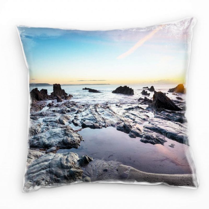 Strand und Meer, Felsen, Sonnenaufgang, grau Deko Kissen 40x40cm für Couch Sofa Lounge Zierkissen