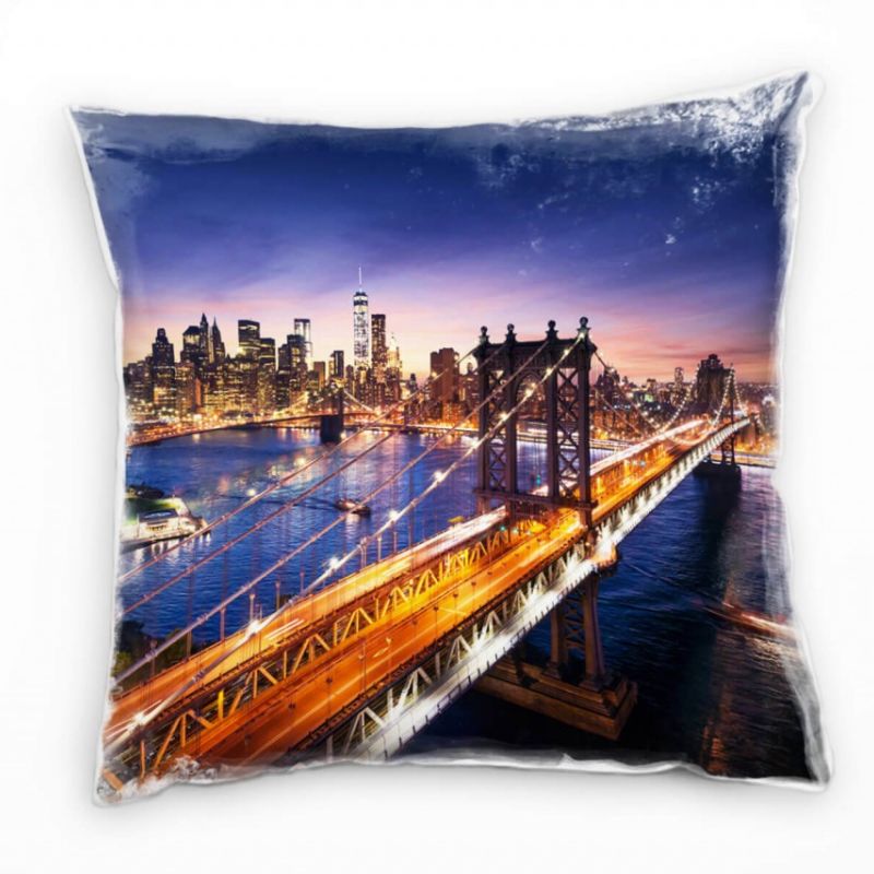 City, New York, Manhattan, Nacht, blau, orange Deko Kissen 40x40cm für Couch Sofa Lounge Zierkissen