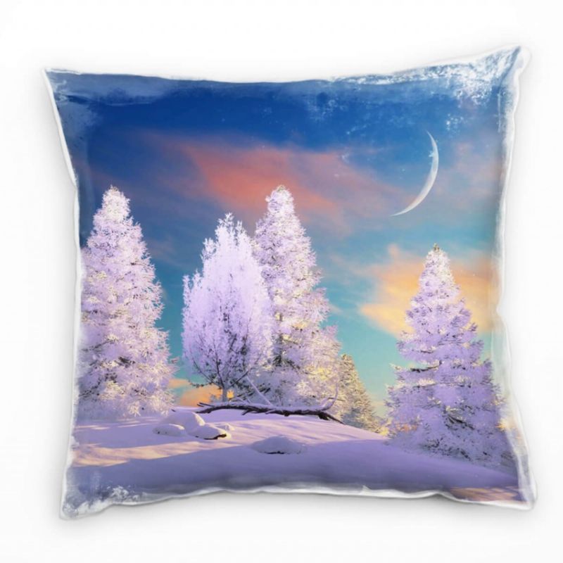 Winter, Schnee, Bäume, Mond, Illustration, blau Deko Kissen 40x40cm für Couch Sofa Lounge Zierkissen