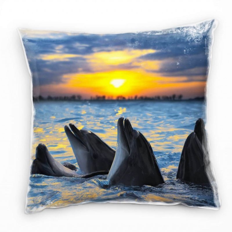 Tiere, grau, orange, Delphine im Sonnenuntergang Deko Kissen 40x40cm für Couch Sofa Lounge Zierkisse