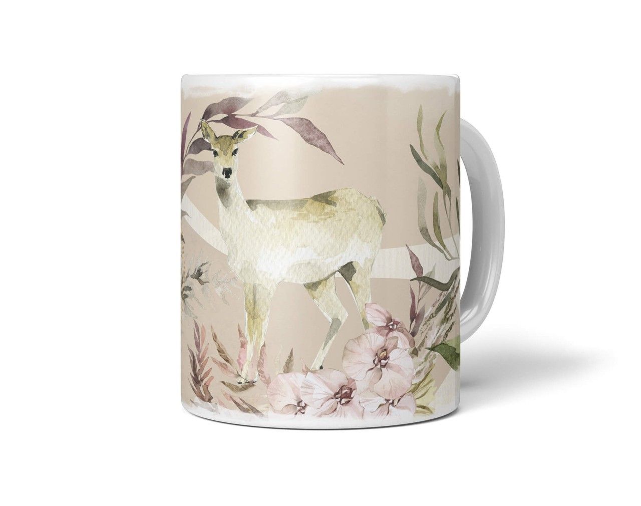 Tasse Porzellan Tier Motiv Reh Natur Erdtöne Pflanzen Aquarell