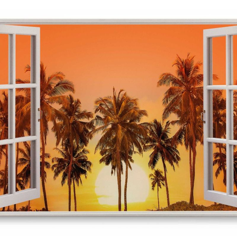 Wandbild 120x80cm Fensterbild Sonne Palmen Rot Süden Sommer Sonnenuntergang