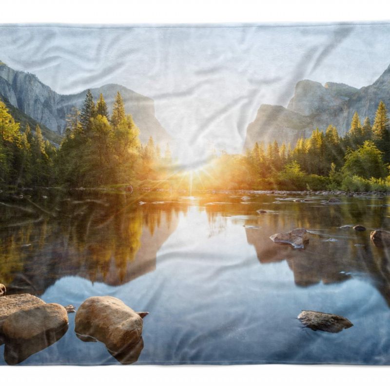 Handtuch Strandhandtuch Saunatuch Kuscheldecke mit Fotomotiv Bergsee Alpen Berge Sonnenun