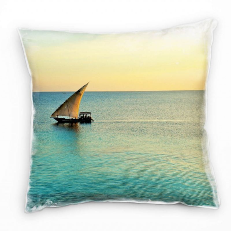 Strand und Meer, Segelboot, türkis, orange Deko Kissen 40x40cm für Couch Sofa Lounge Zierkissen