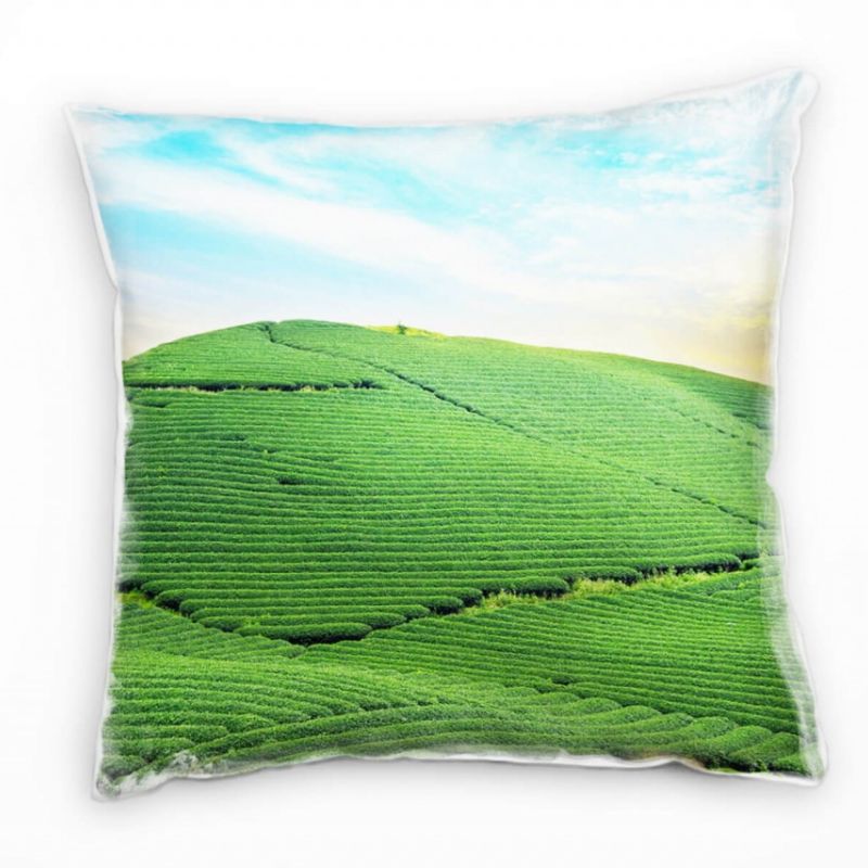 Landschaft, grün, blau, Teehügel, Vietnam Deko Kissen 40x40cm für Couch Sofa Lounge Zierkissen