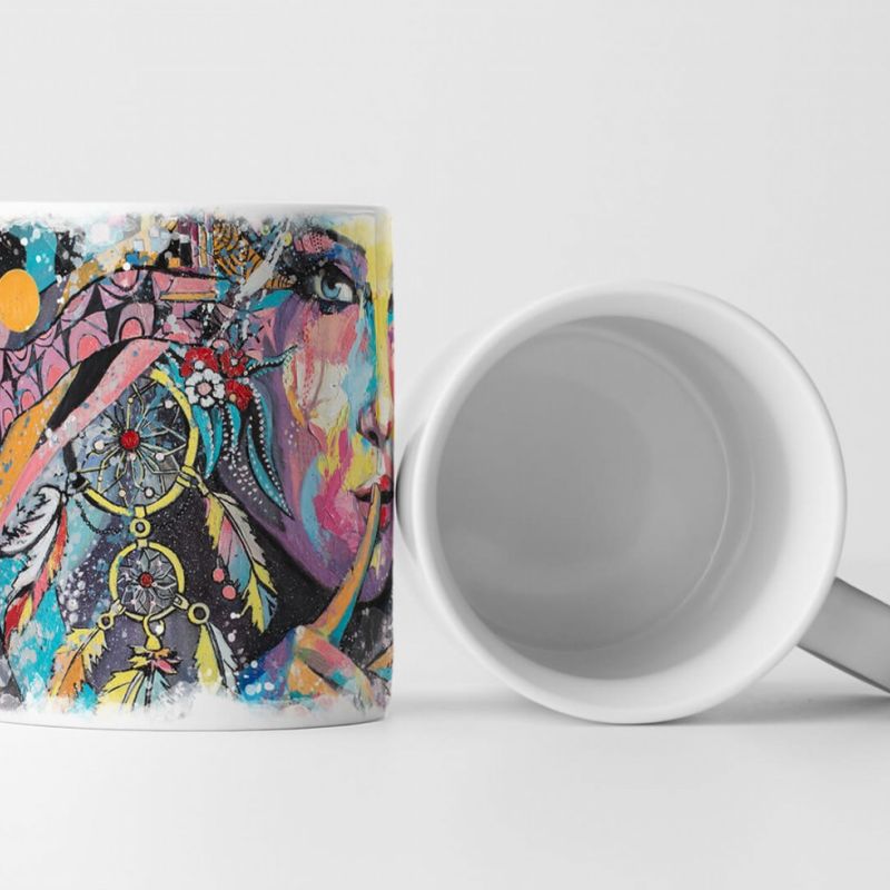 Tasse Geschenk Bild – Farbenfrohe Frau mit Traumfänger