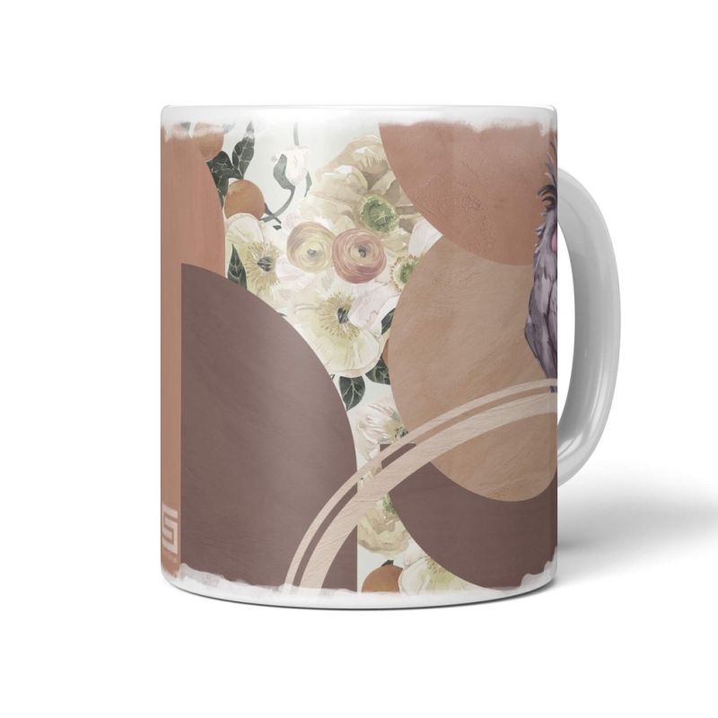 Dekorative Tasse mit schönem Vogel Motiv grauer Kakadus Blumen Vintage Design Erdtöne